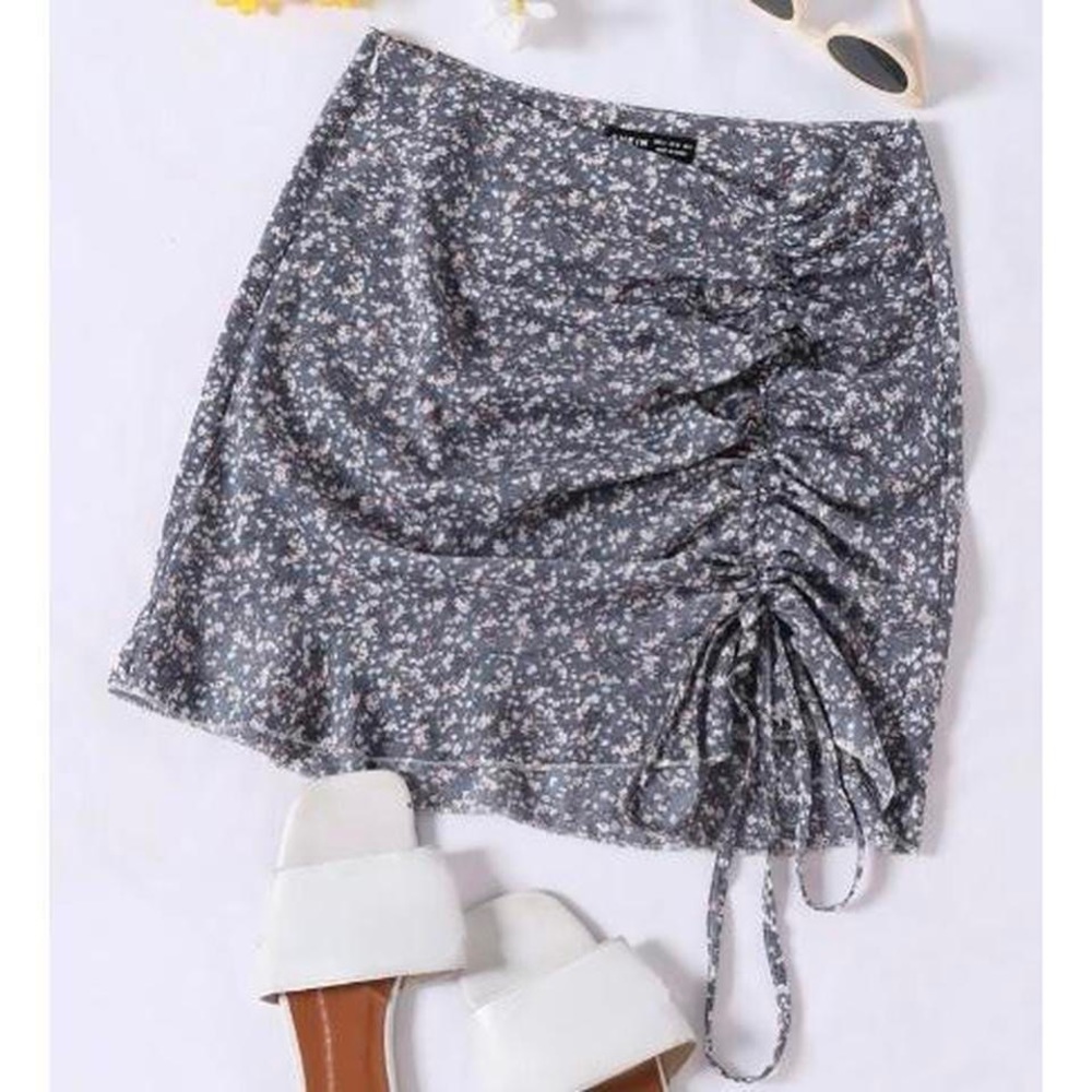 Blue floral ruched skirt scrunched flower mini skirt